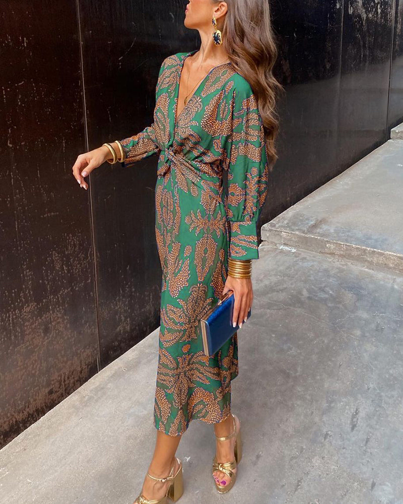 Autumn Wedding Guest V-Neck Maxi Dress with Knot Front Detail
