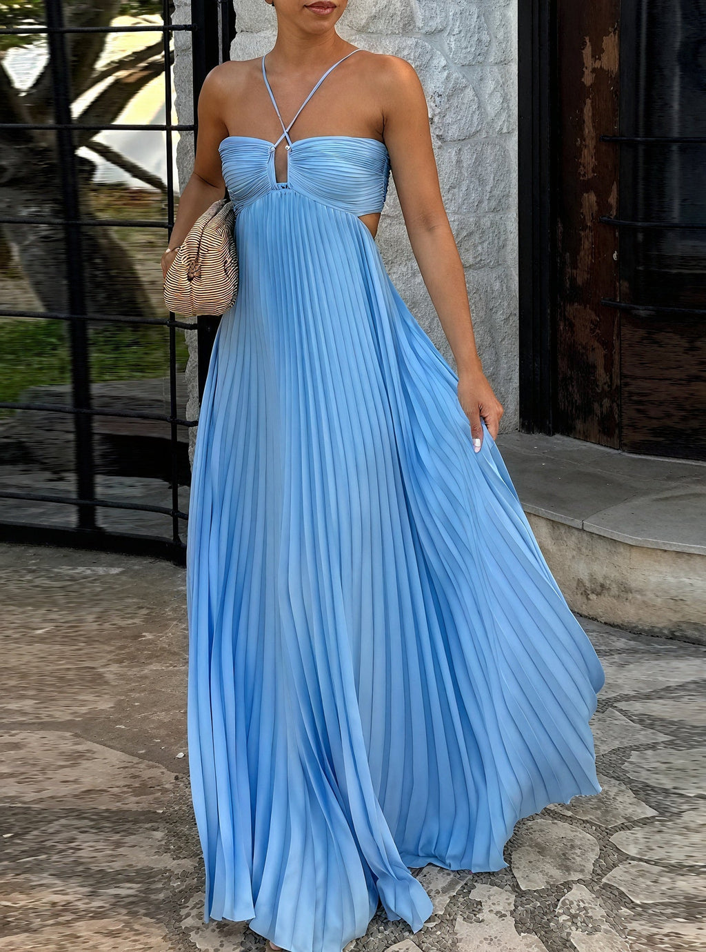 Long Pleated Autumn Wedding Guest Dress with Side Cut-Out Detail
