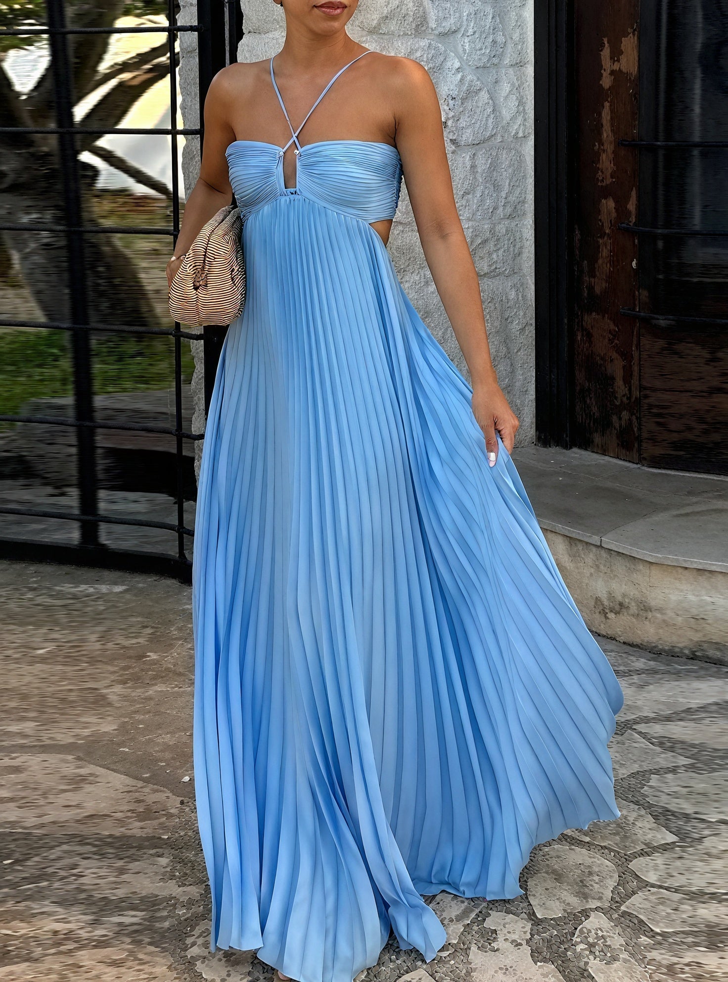 Long Pleated Autumn Wedding Guest Dress with Side Cut-Out Detail
