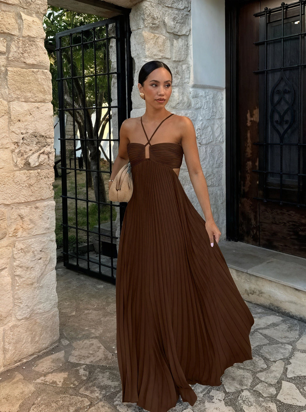 Long Pleated Autumn Wedding Guest Dress with Side Cut-Out Detail