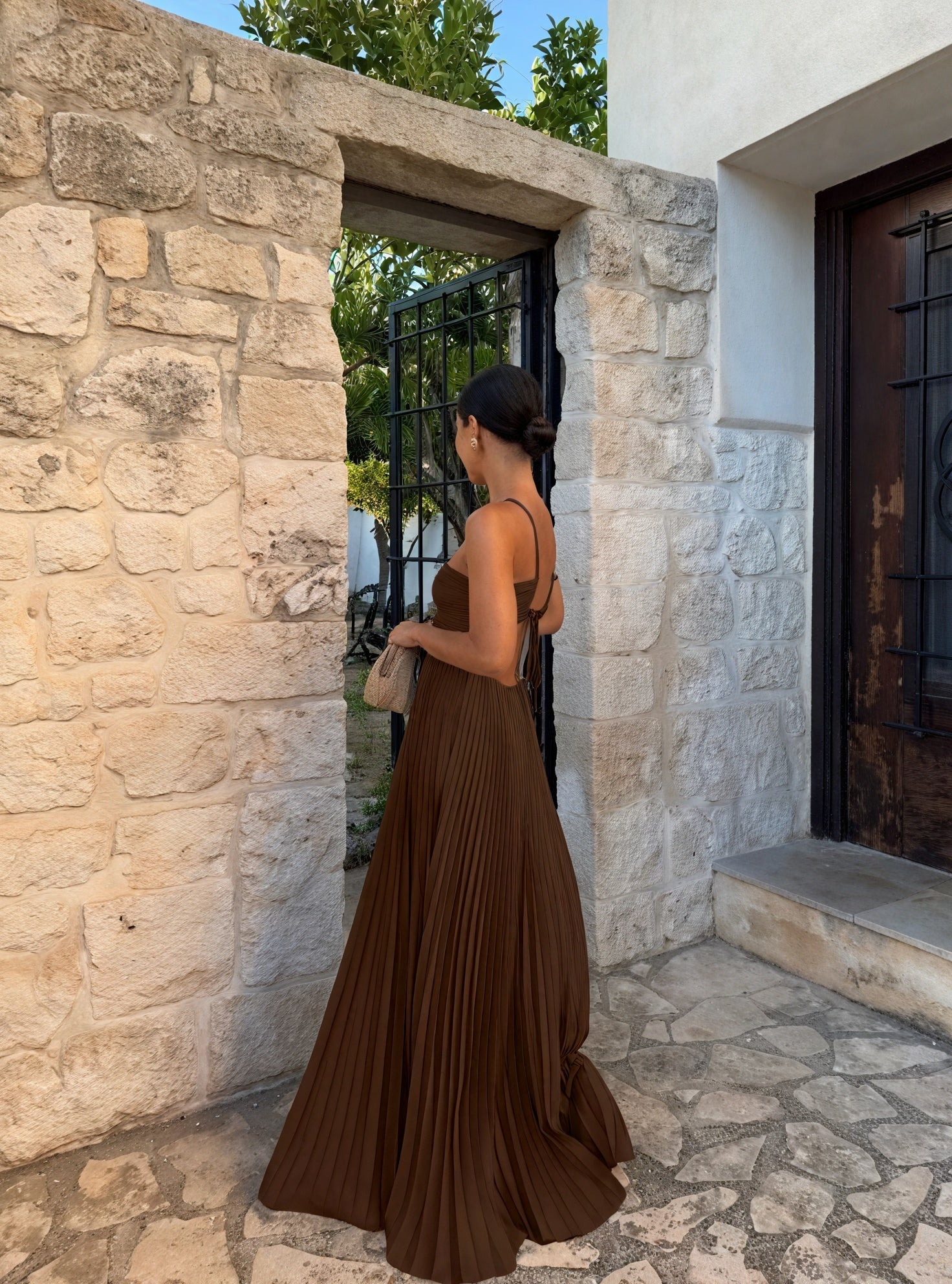 Long Pleated Autumn Wedding Guest Dress with Side Cut-Out Detail