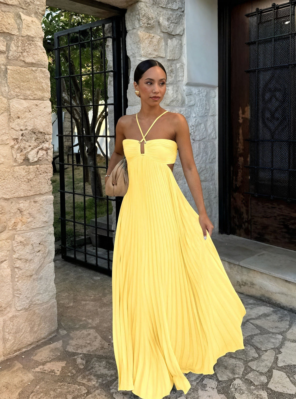 Long Pleated Autumn Wedding Guest Dress with Side Cut-Out Detail