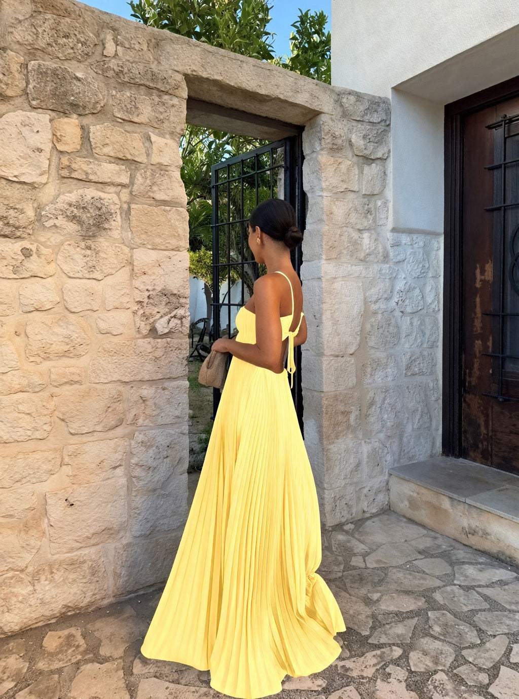 Long Pleated Autumn Wedding Guest Dress with Side Cut-Out Detail