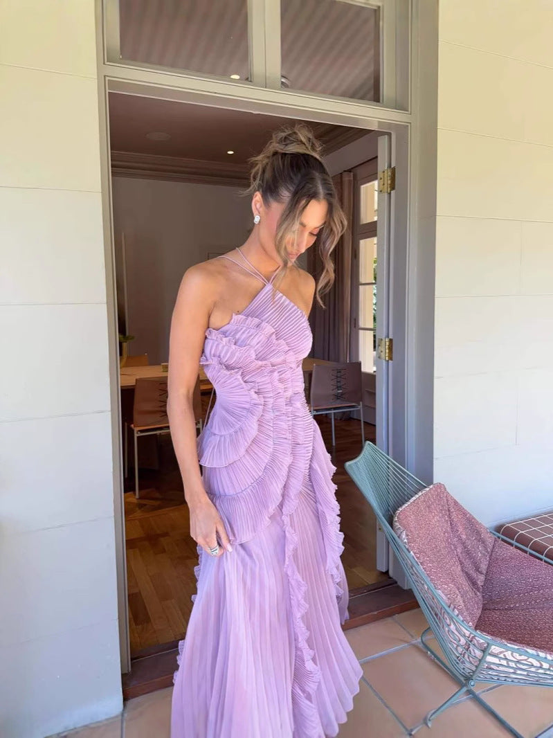 Pleated Halter Neck Autumn Wedding Guest Dress