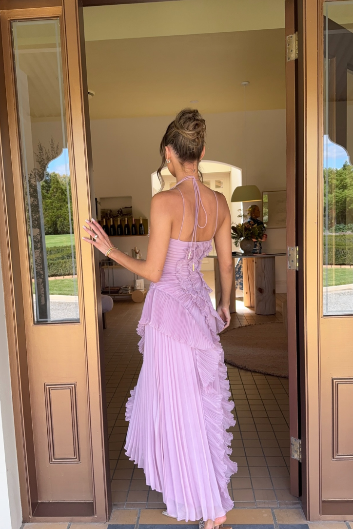 Pleated Halter Neck Autumn Wedding Guest Dress