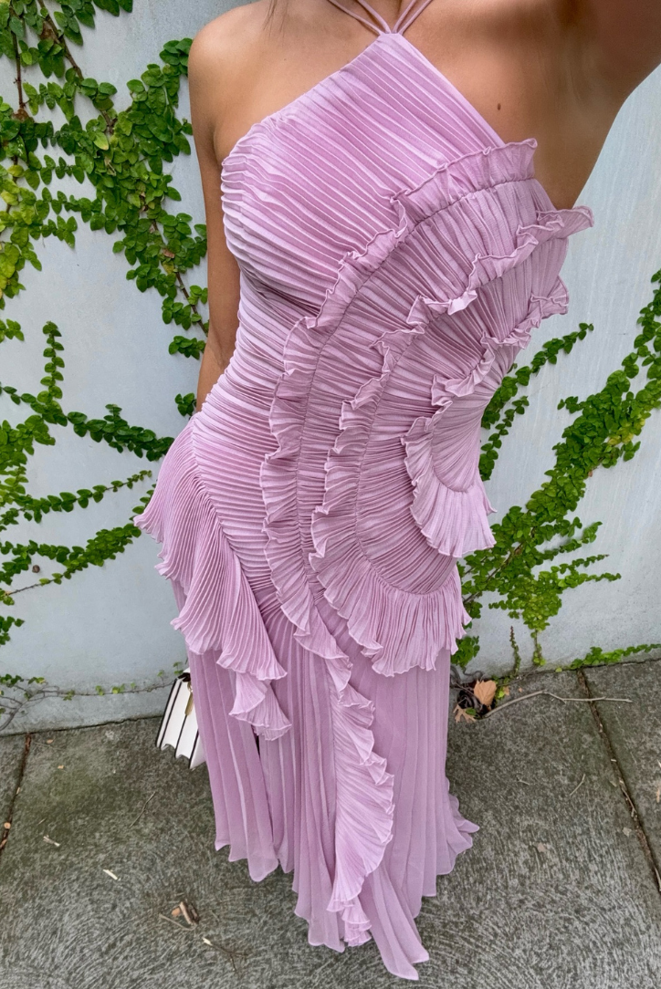 Pleated Halter Neck Autumn Wedding Guest Dress