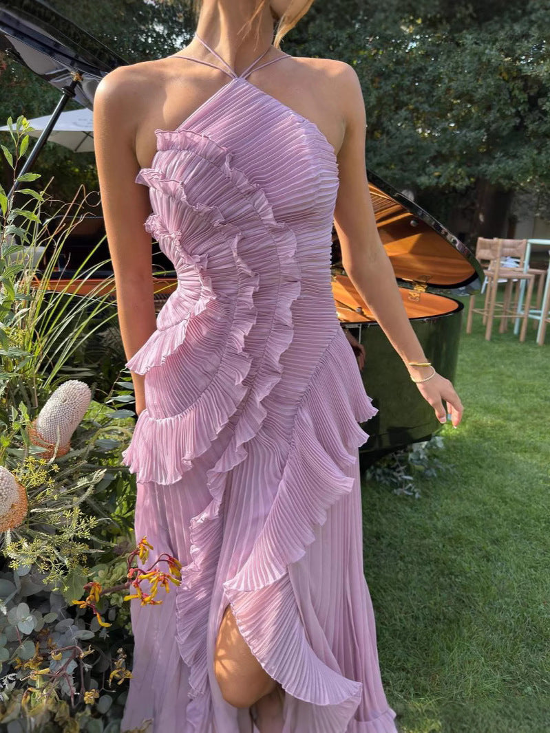 Pleated Halter Neck Autumn Wedding Guest Dress