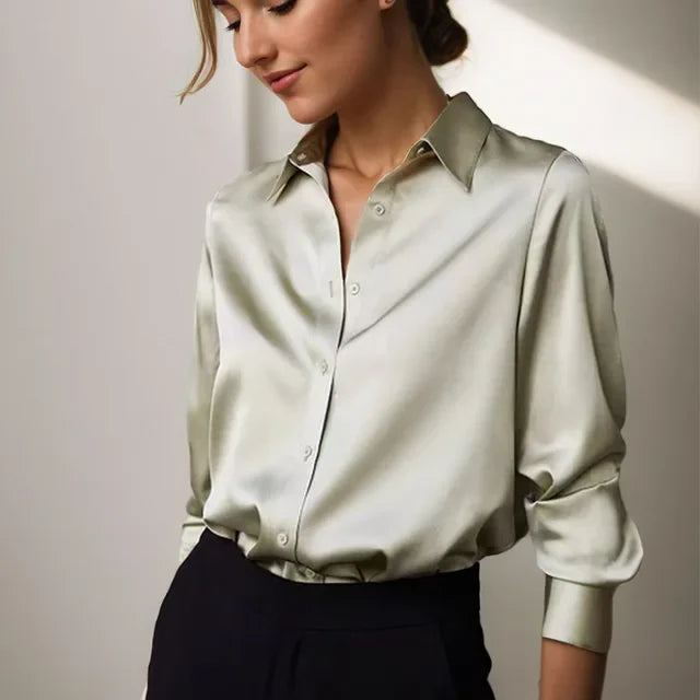 Women's Long Sleeve Satin Button-Up Blouse with Cuffs