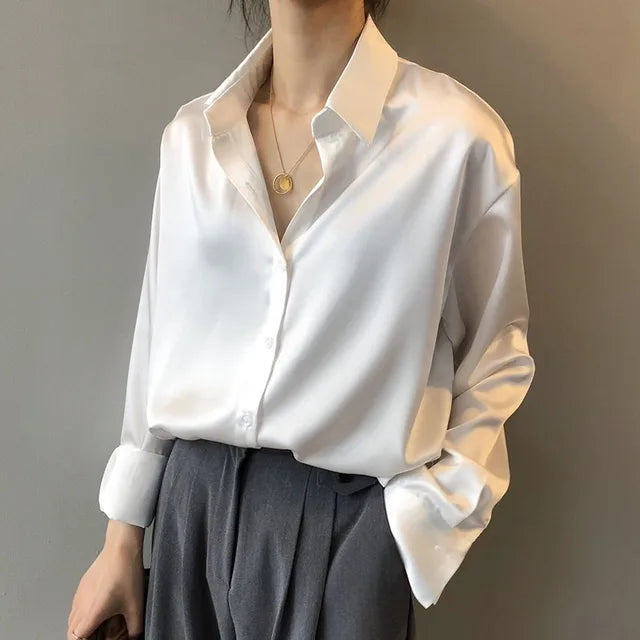 Women's Long Sleeve Satin Button-Up Blouse with Cuffs