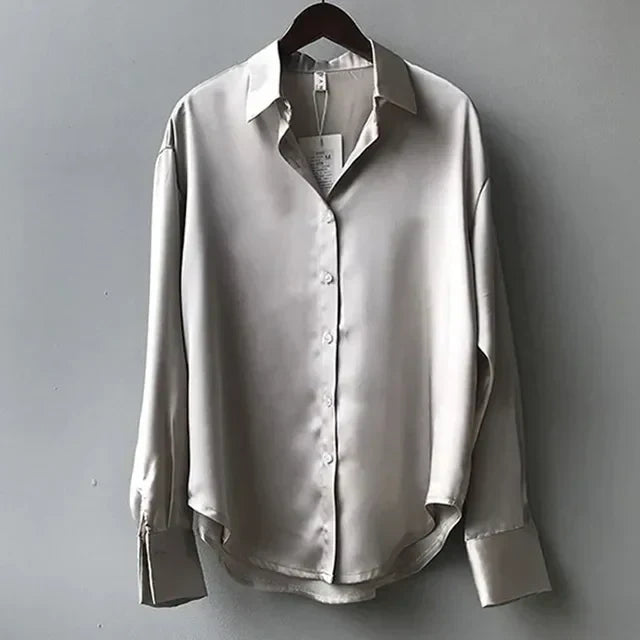 Women's Long Sleeve Satin Button-Up Blouse with Cuffs