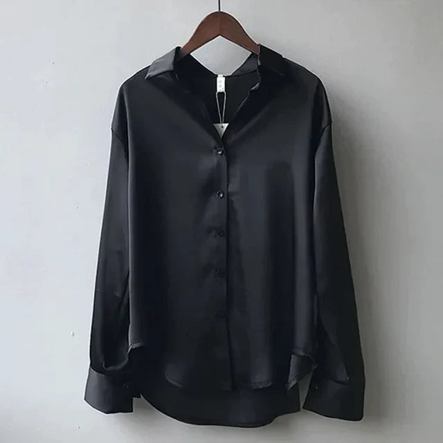 Women's Long Sleeve Satin Button-Up Blouse with Cuffs