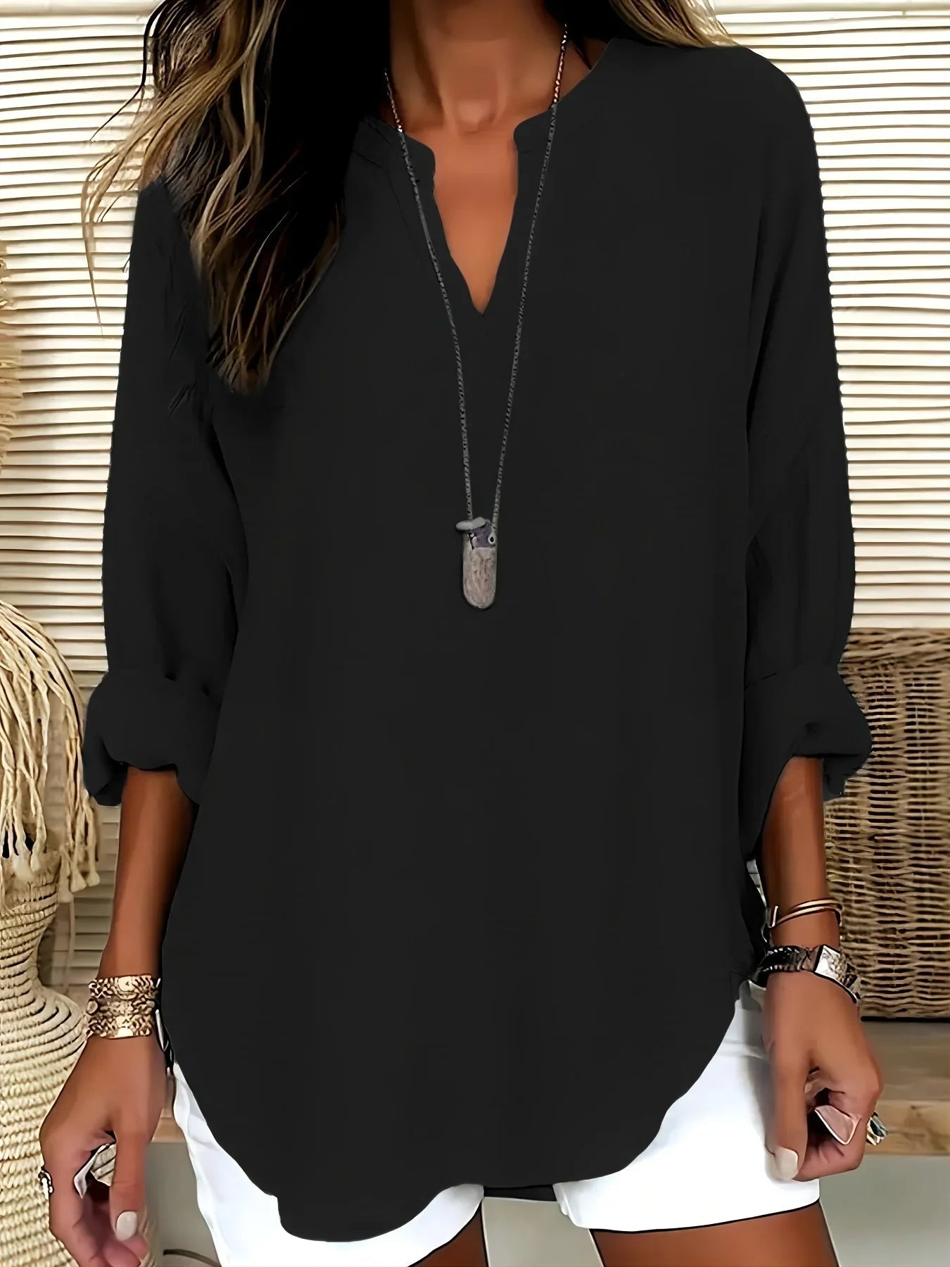 Women's Long Sleeve V-Neck Blouse in Lightweight Fabric