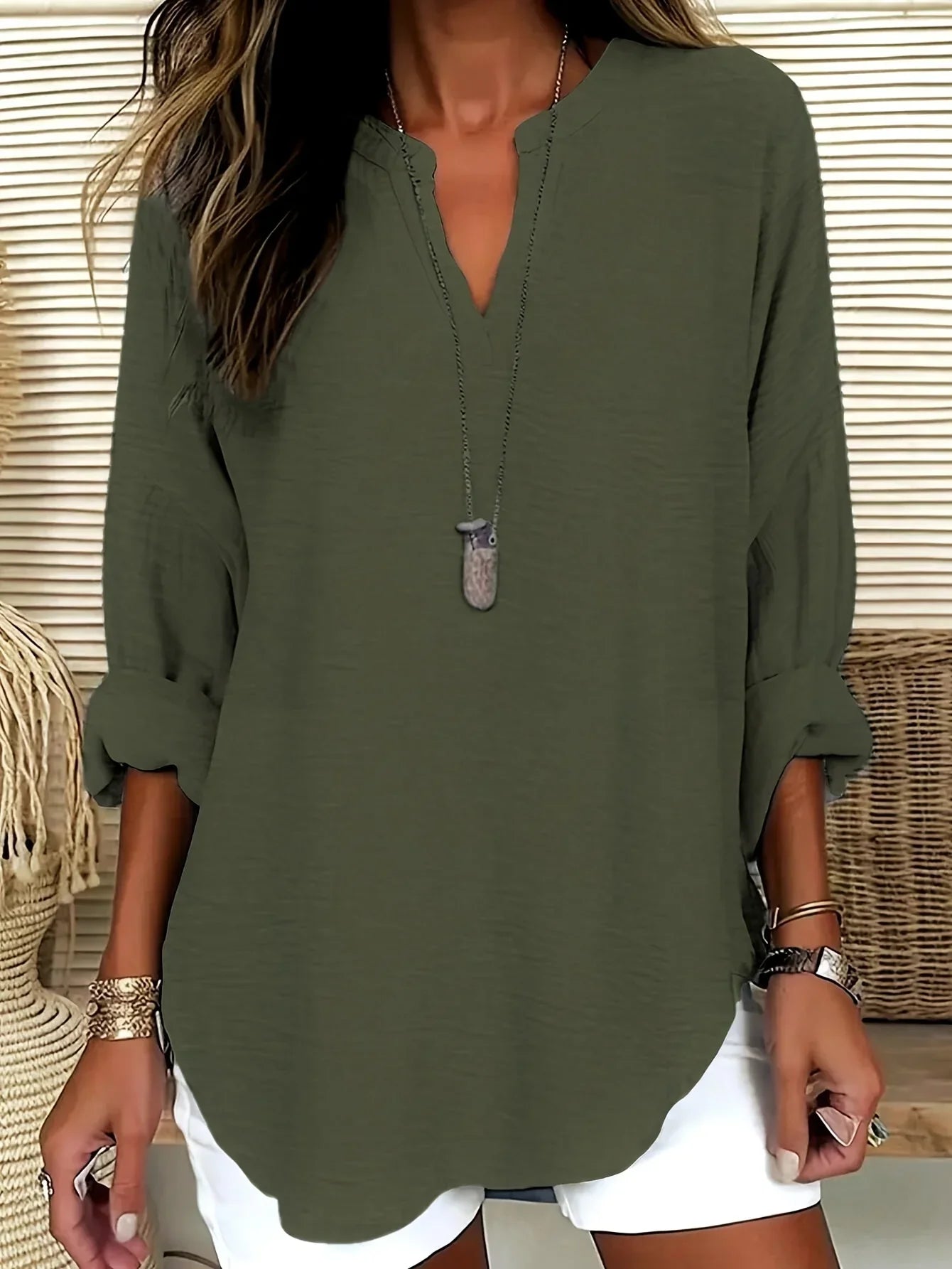 Women's Long Sleeve V-Neck Blouse in Lightweight Fabric