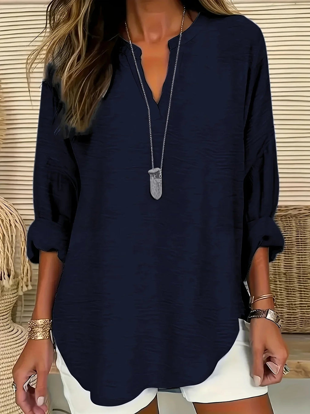 Women's Long Sleeve V-Neck Blouse in Lightweight Fabric