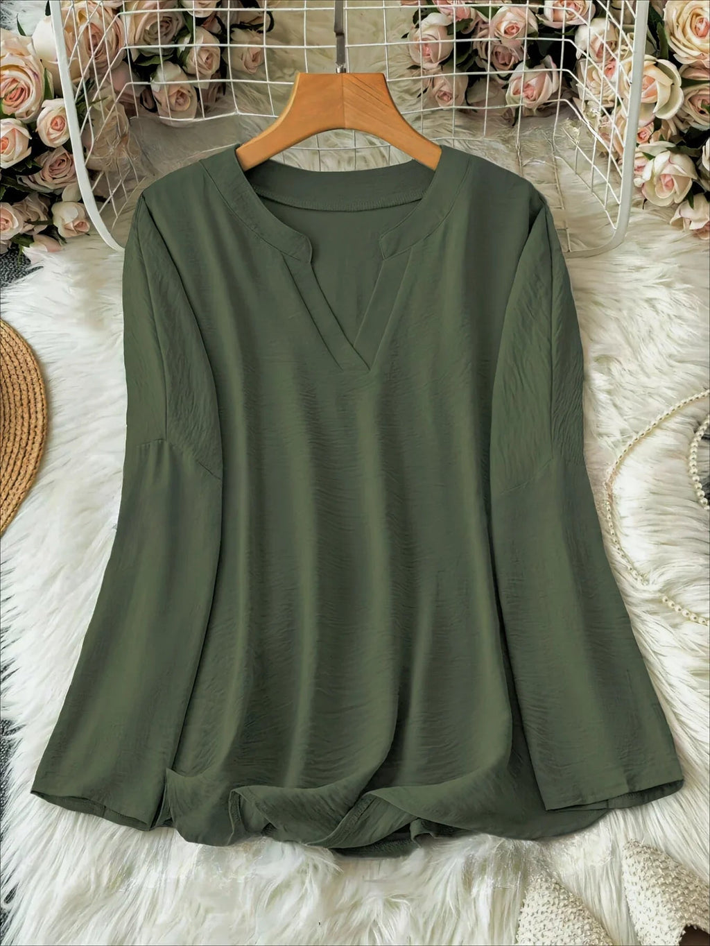 Women's Long Sleeve V-Neck Blouse in Lightweight Fabric