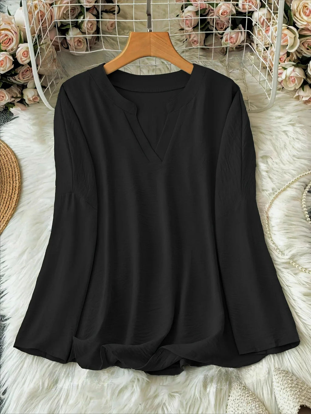 Women's Long Sleeve V-Neck Blouse in Lightweight Fabric