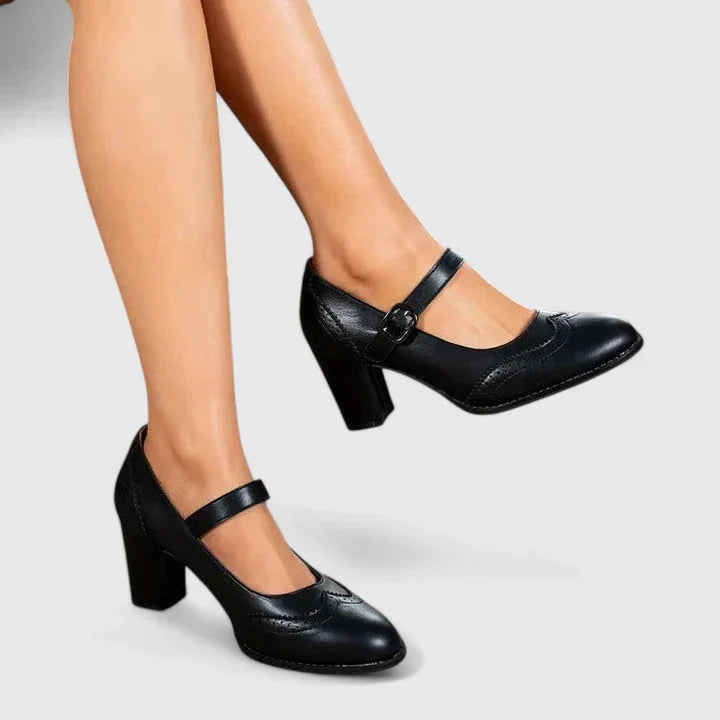 Women's Brogue Mary Jane Shoes with Block Heel and Ankle Strap