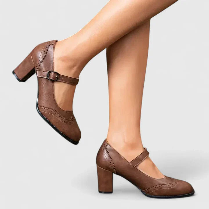 Women's Brogue Mary Jane Shoes with Block Heel and Ankle Strap