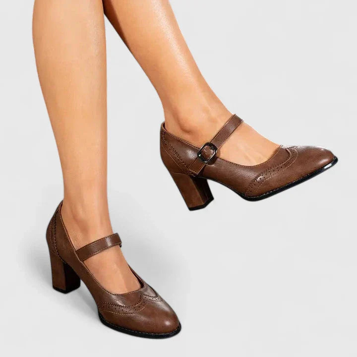 Women's Brogue Mary Jane Shoes with Block Heel and Ankle Strap
