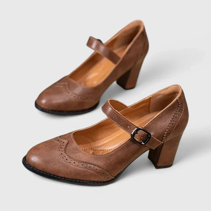 Women's Brogue Mary Jane Shoes with Block Heel and Ankle Strap