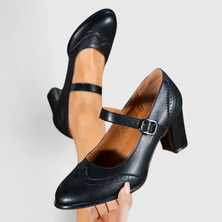 Women's Brogue Mary Jane Shoes with Block Heel and Ankle Strap