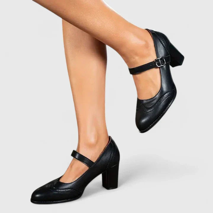 Women's Brogue Mary Jane Shoes with Block Heel and Ankle Strap