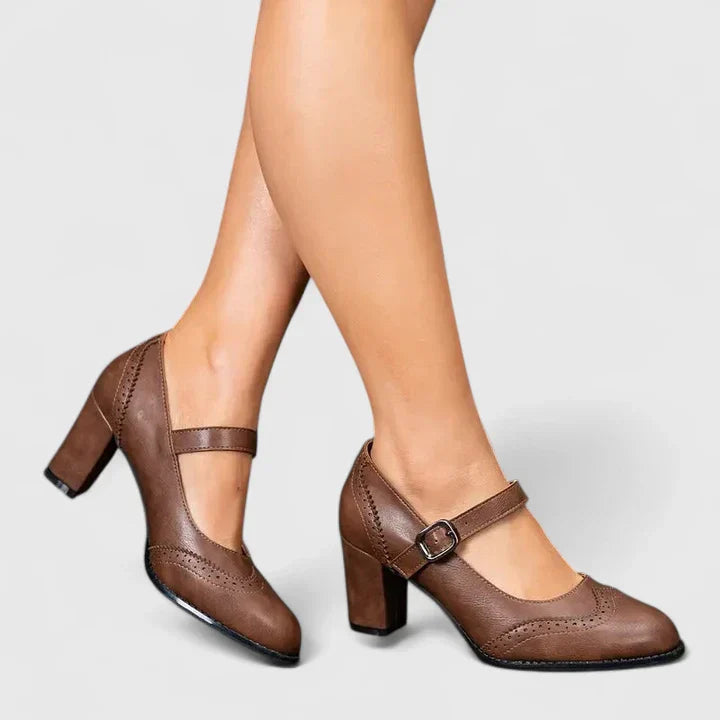 Women's Brogue Mary Jane Shoes with Block Heel and Ankle Strap