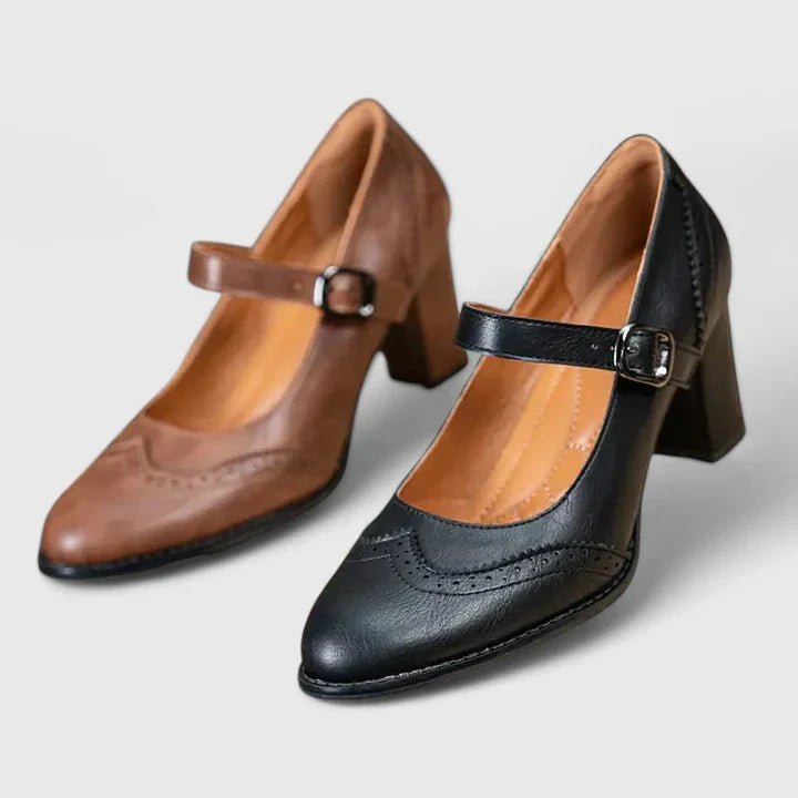 Women's Brogue Mary Jane Shoes with Block Heel and Ankle Strap