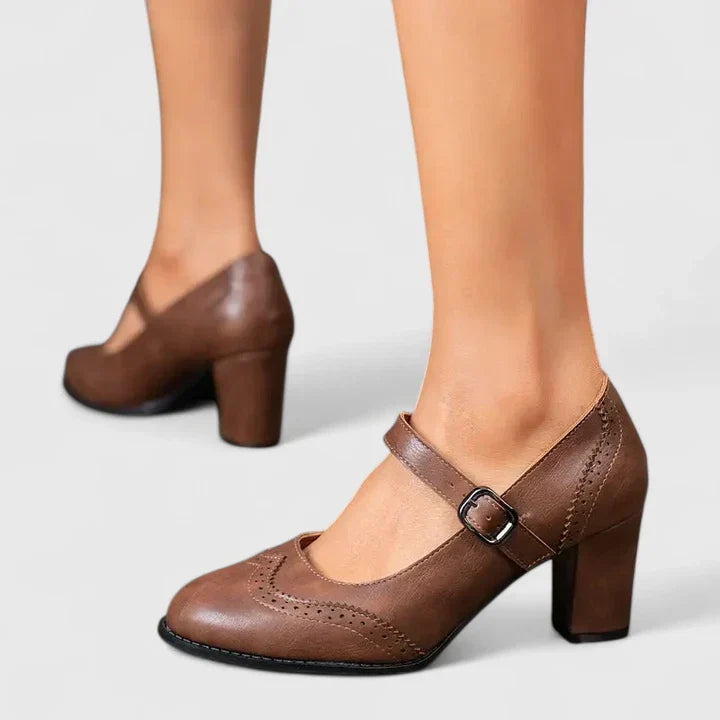 Women's Brogue Mary Jane Shoes with Block Heel and Ankle Strap