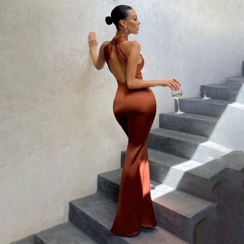 Women's Mermaid Evening Dress with Halter Neck and Open Back