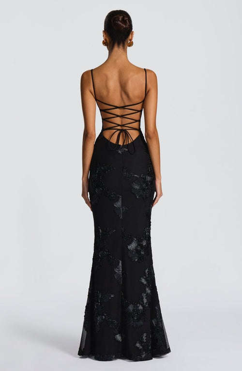 Black Floral Lace Corset Mermaid Long Wedding Guest Dress With Heart Bustier