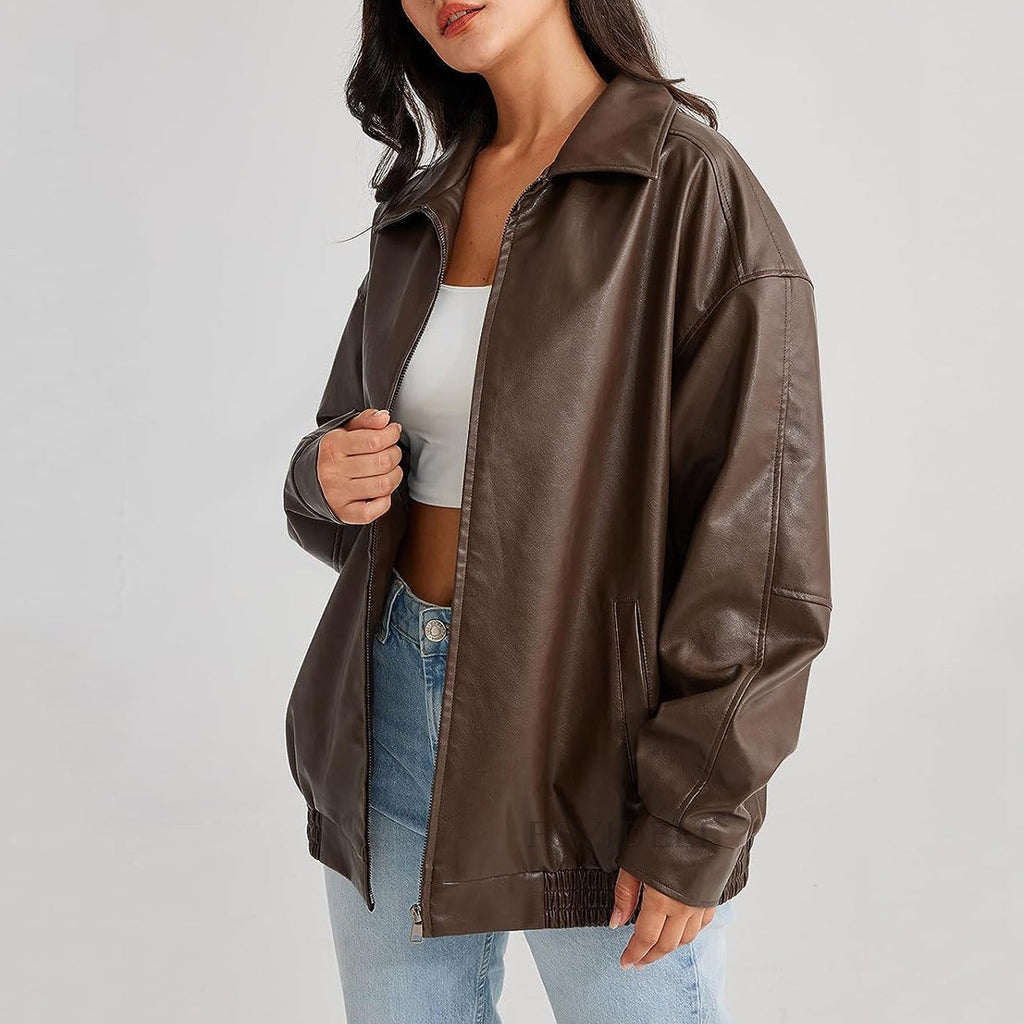 Women's Oversized Faux Leather Bomber Jacket with Side Pockets