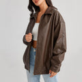 Women's Oversized Faux Leather Bomber Jacket with Side Pockets
