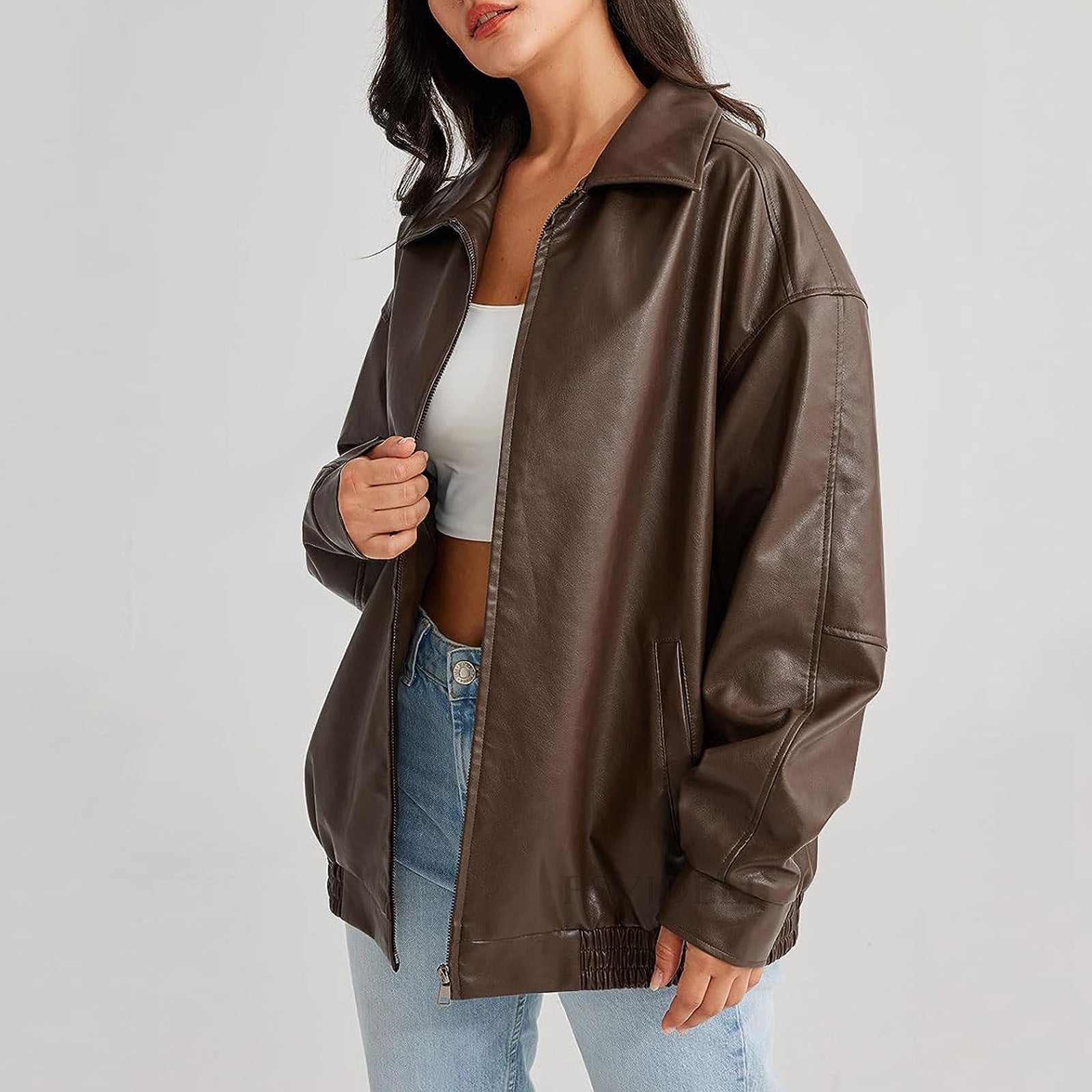 Women's Oversized Faux Leather Bomber Jacket with Side Pockets
