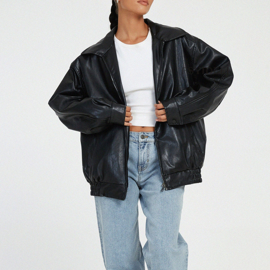 Women's Oversized Faux Leather Bomber Jacket with Side Pockets