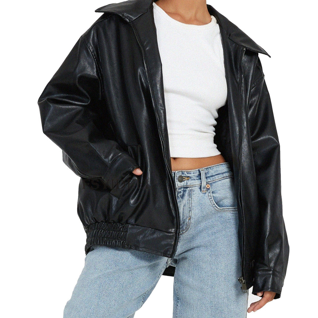 Women's Oversized Faux Leather Bomber Jacket with Side Pockets
