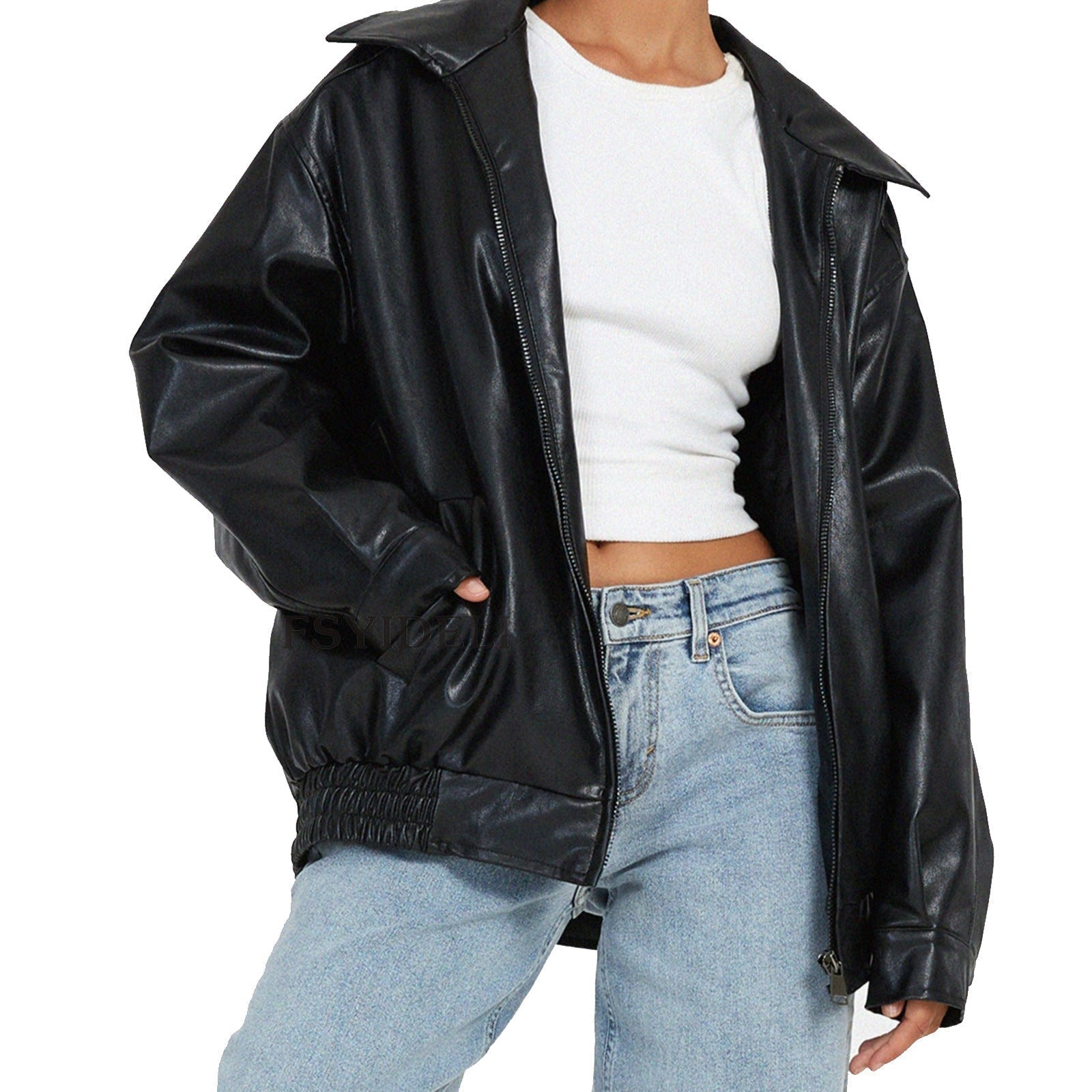 Women's Oversized Faux Leather Bomber Jacket with Side Pockets