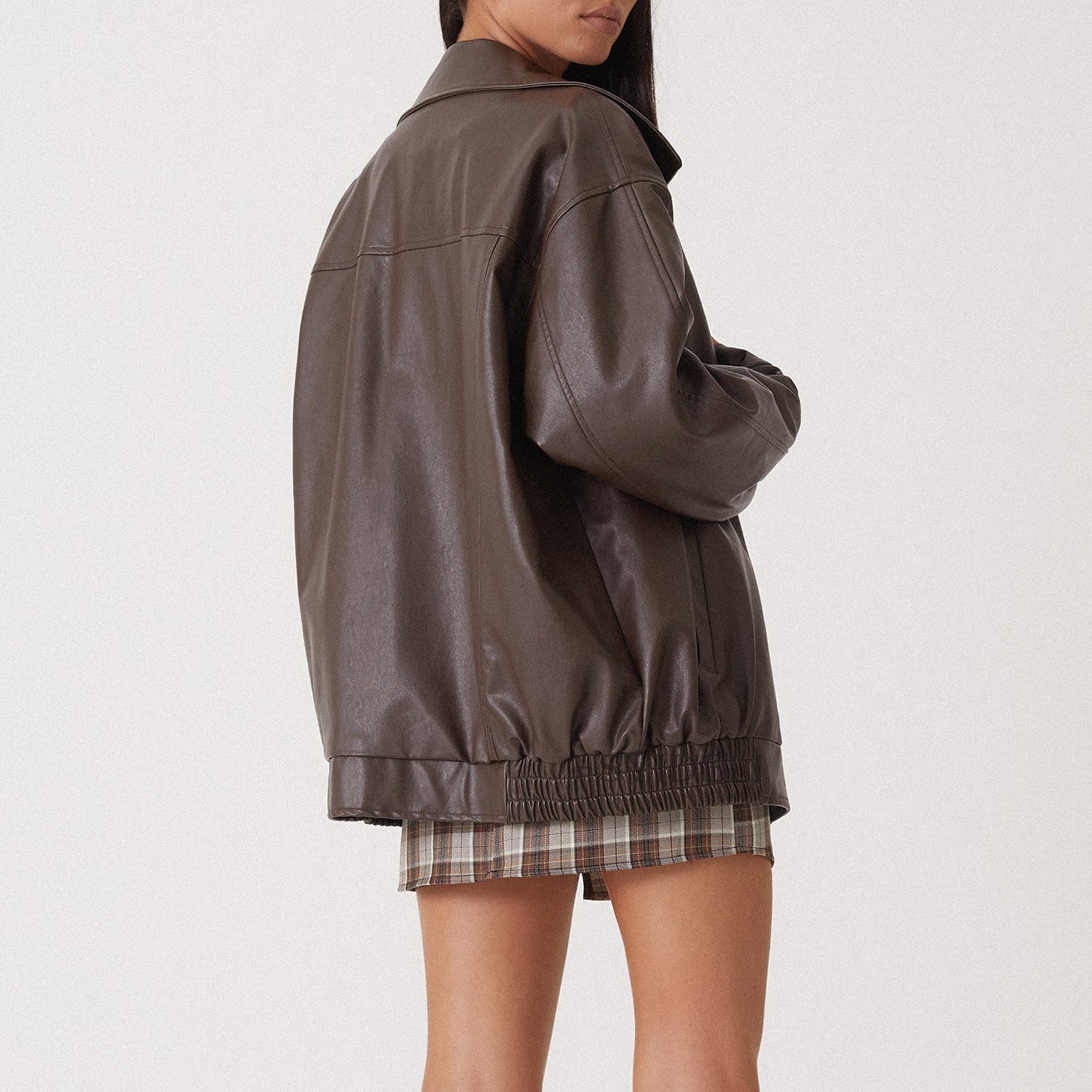 Women's Oversized Faux Leather Bomber Jacket with Side Pockets