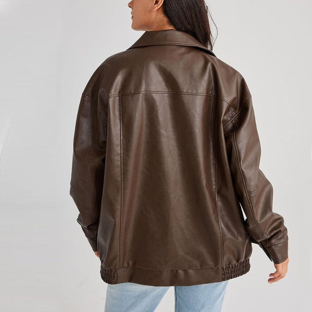 Women's Oversized Faux Leather Bomber Jacket with Side Pockets