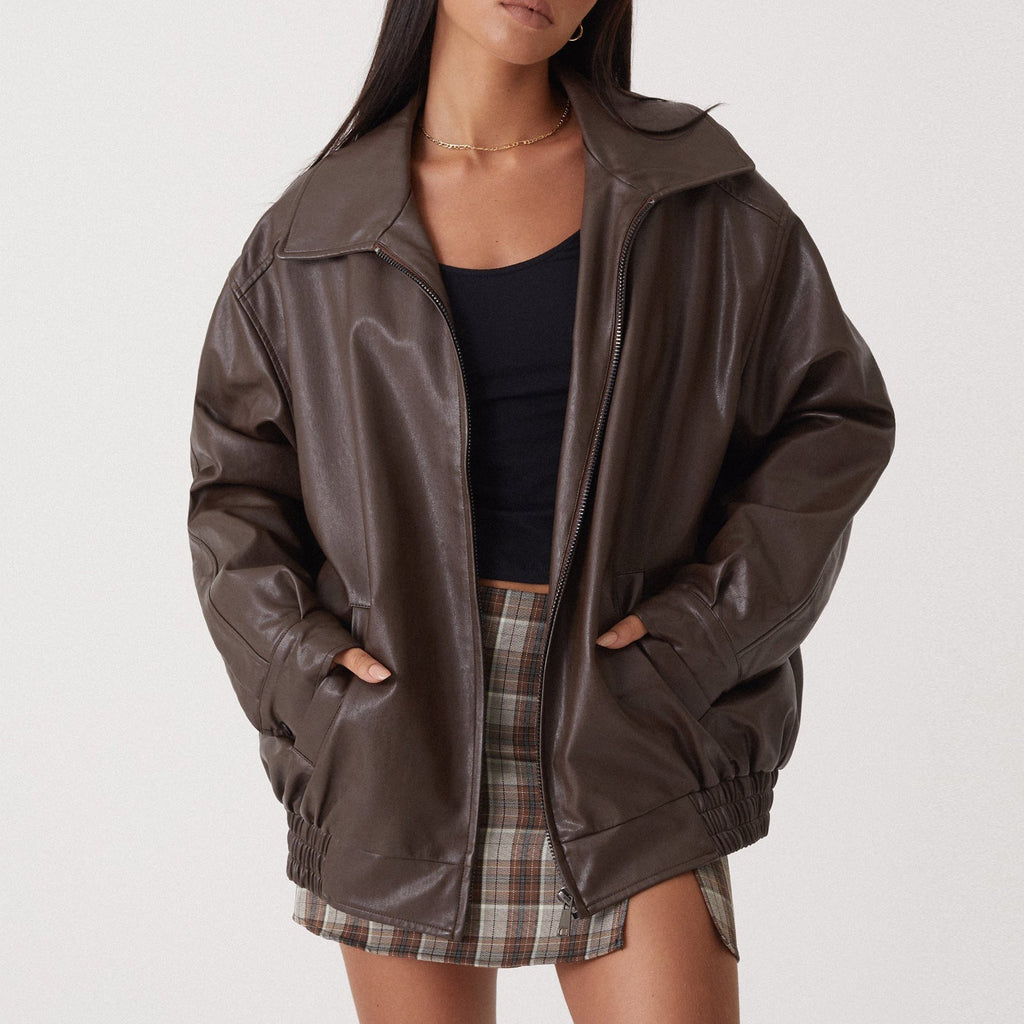 Women's Oversized Faux Leather Bomber Jacket with Side Pockets