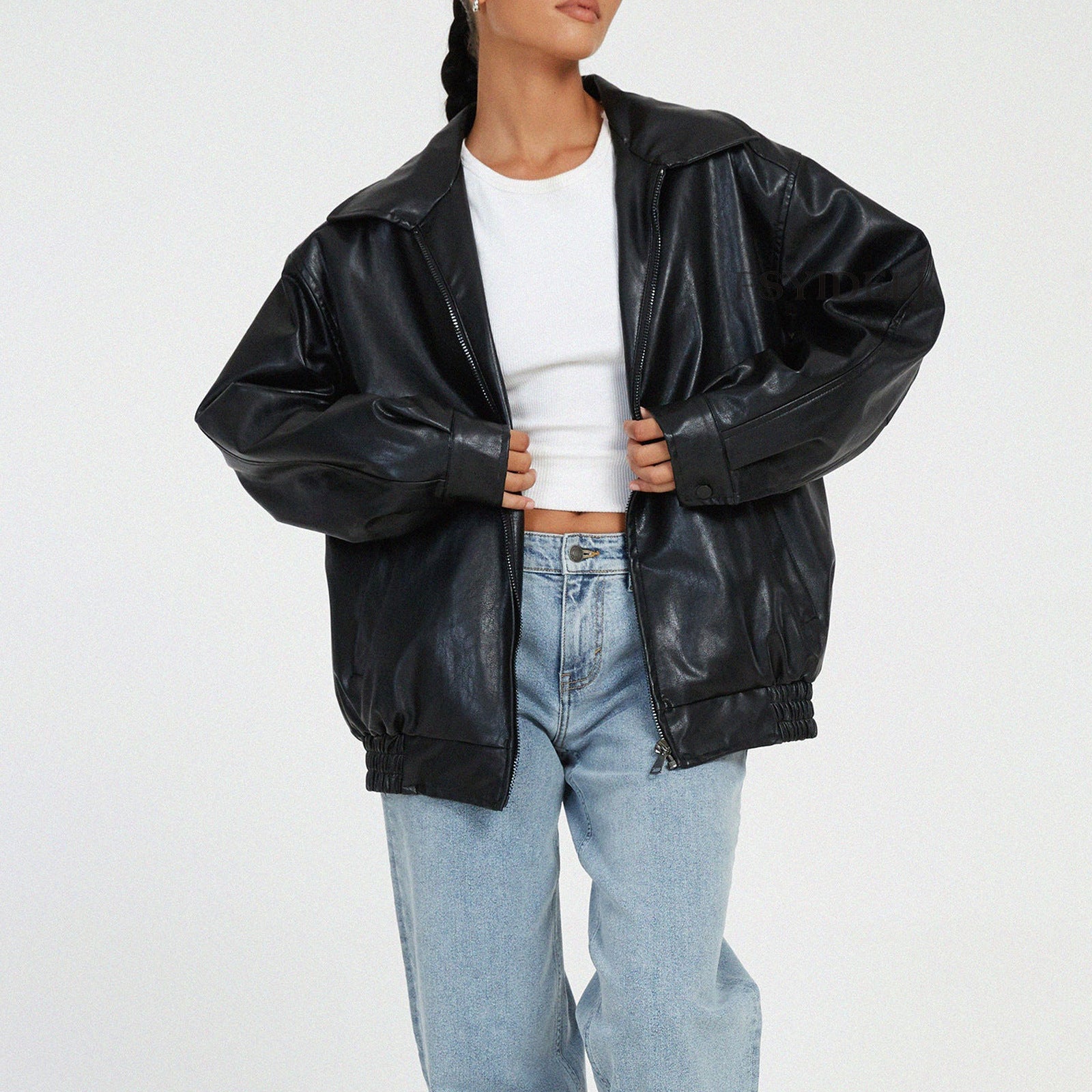 Women's Oversized Faux Leather Bomber Jacket with Side Pockets