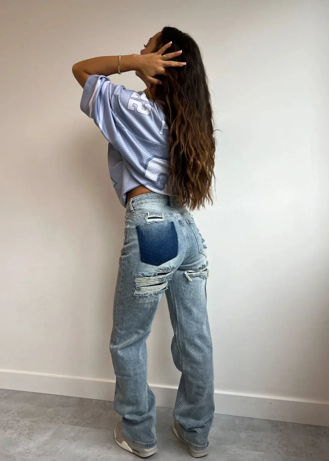 Women's Straight Leg High-Waisted Distressed Patchwork Jeans