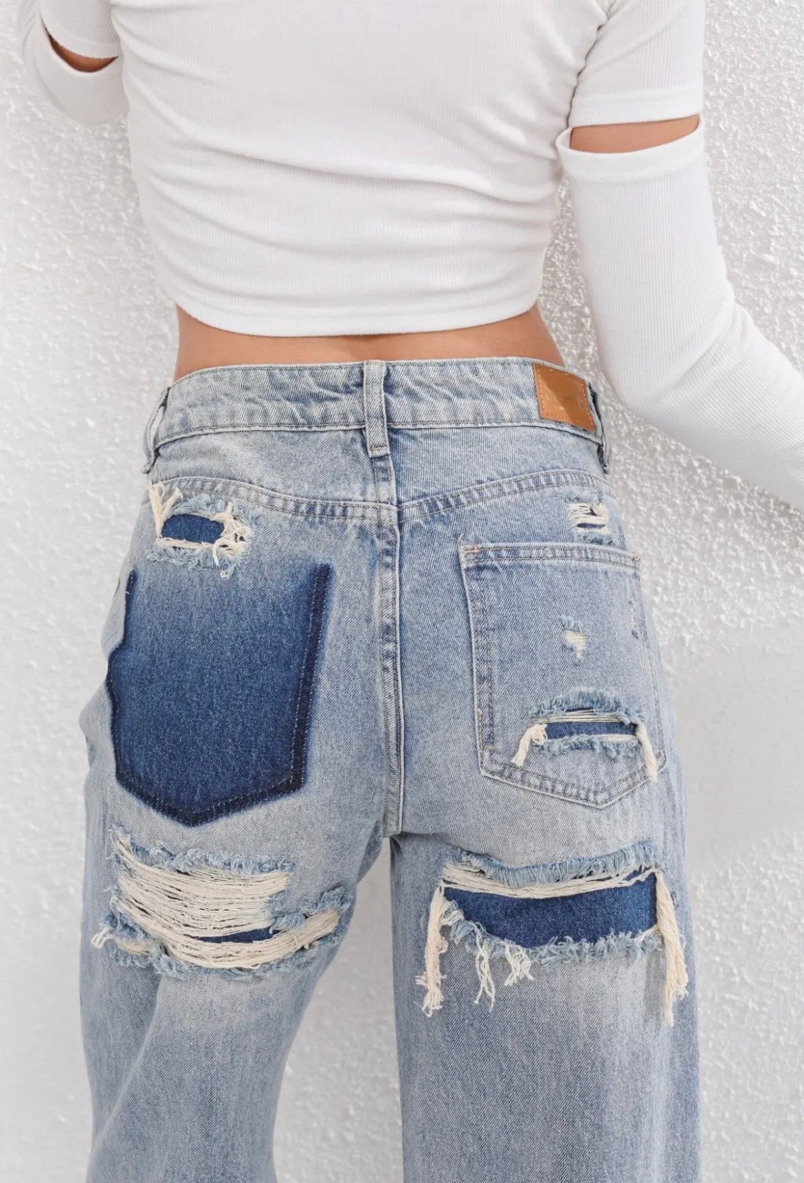 Women's Straight Leg High-Waisted Distressed Patchwork Jeans