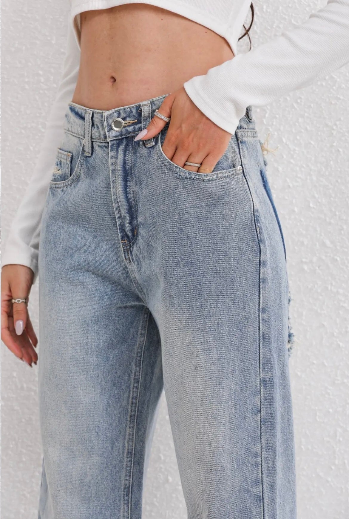 Women's Straight Leg High-Waisted Distressed Patchwork Jeans