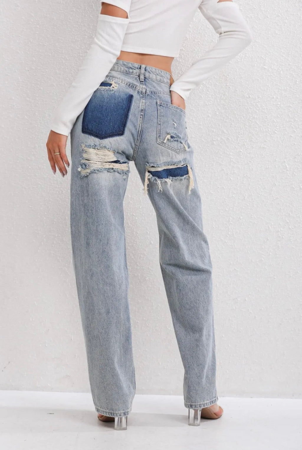 Women's Straight Leg High-Waisted Distressed Patchwork Jeans