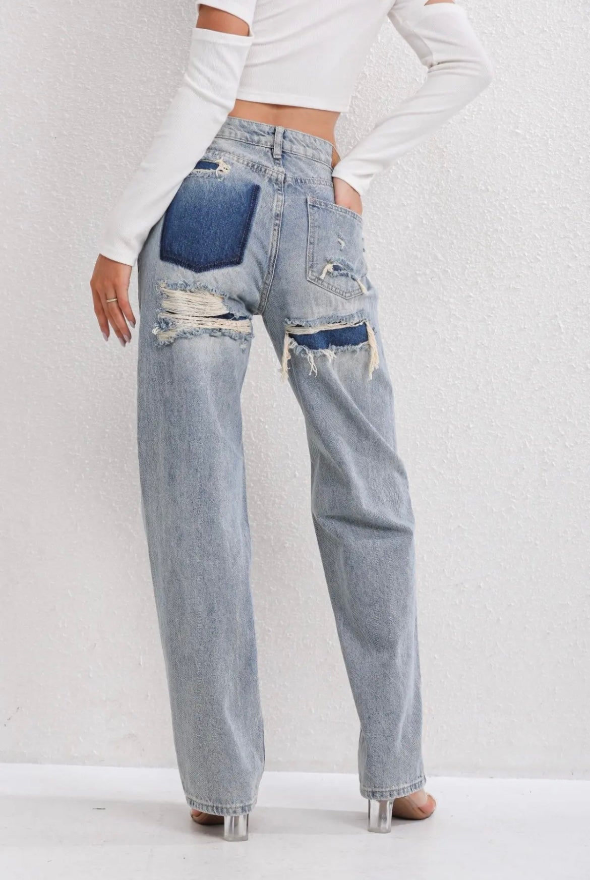Women's Straight Leg High-Waisted Distressed Patchwork Jeans