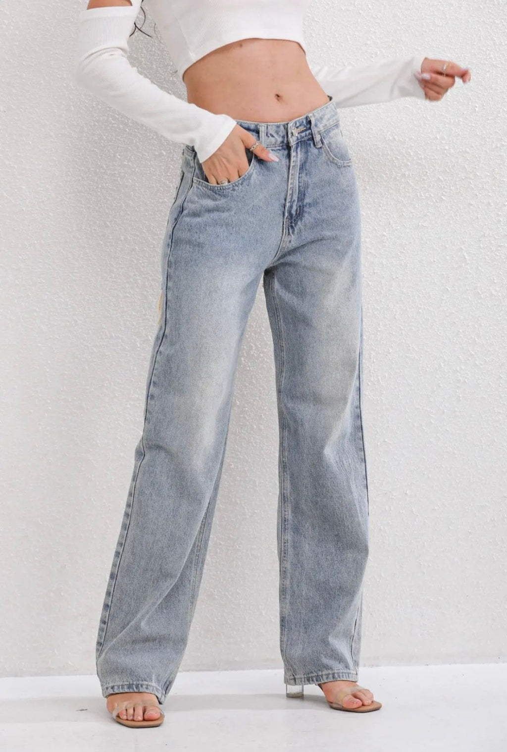 Women's Straight Leg High-Waisted Distressed Patchwork Jeans