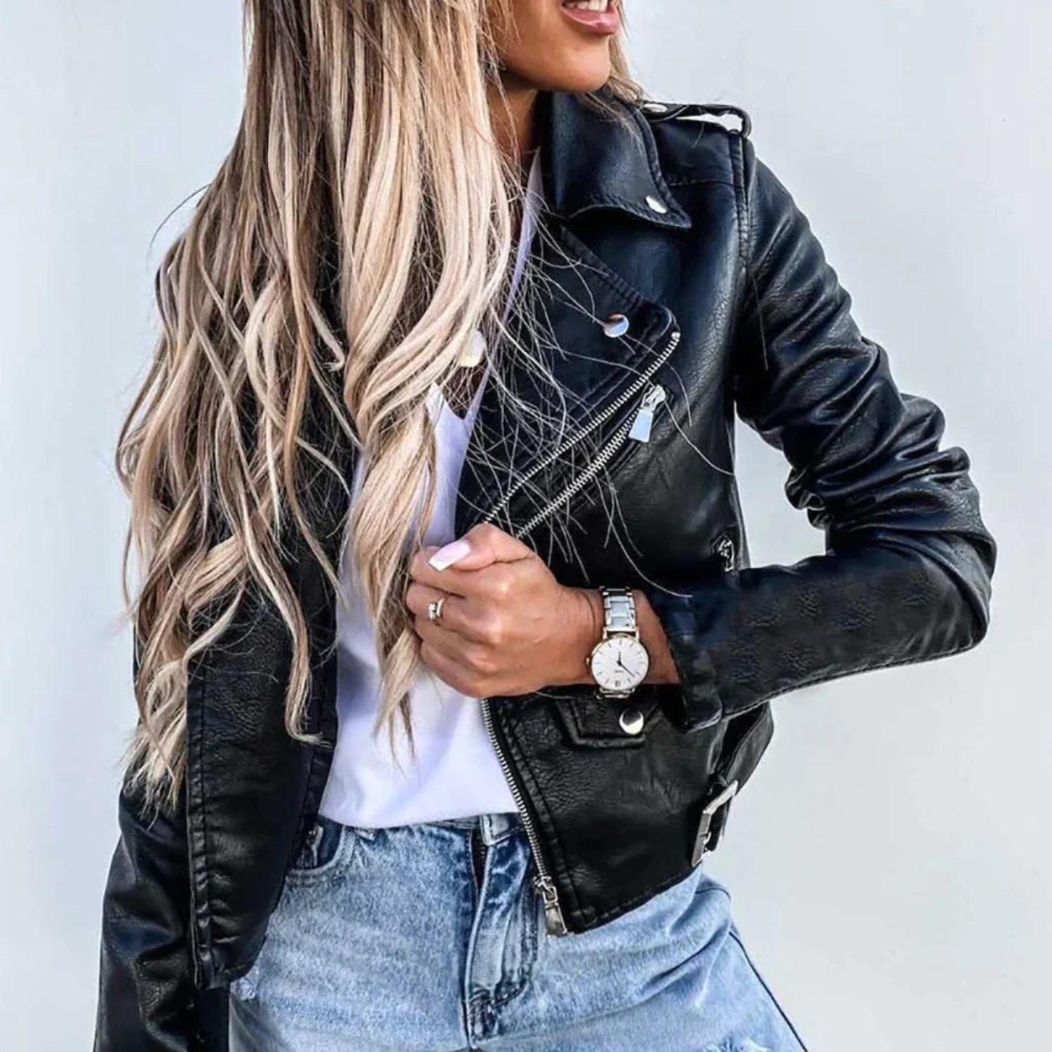 Women's Faux Leather Biker Jacket with Asymmetric Zip and Belt
