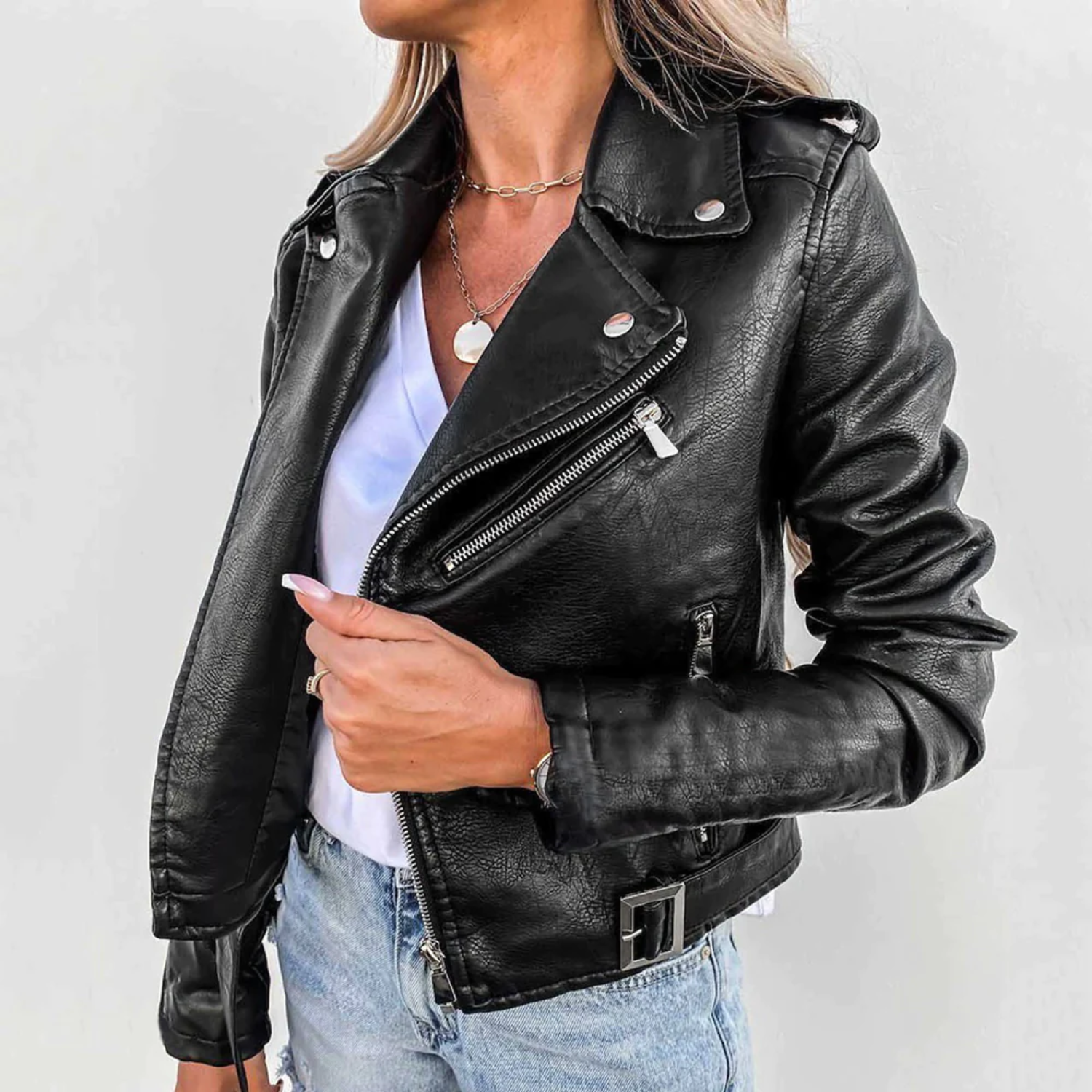 Women's Faux Leather Biker Jacket with Asymmetric Zip and Belt