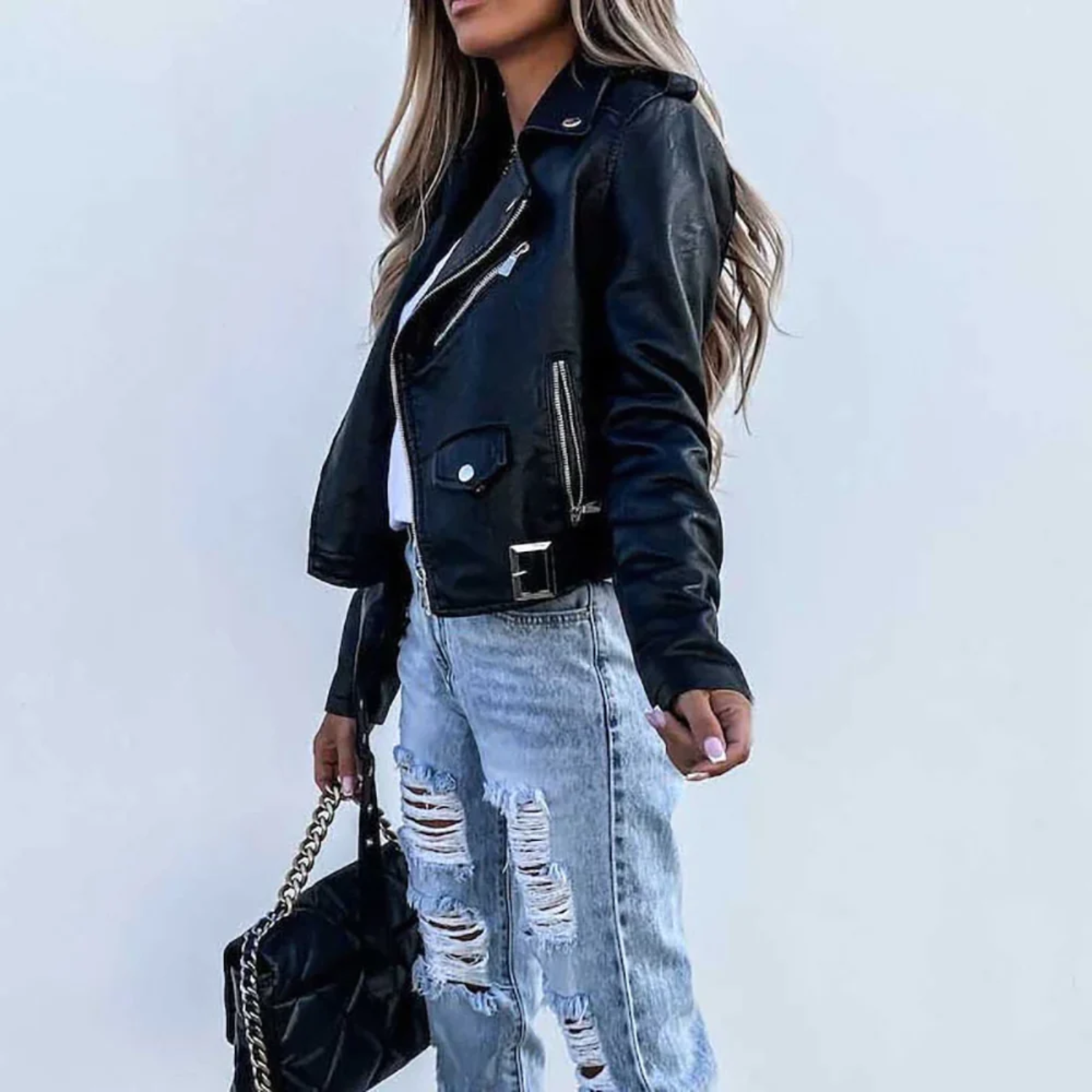 Women's Faux Leather Biker Jacket with Asymmetric Zip and Belt
